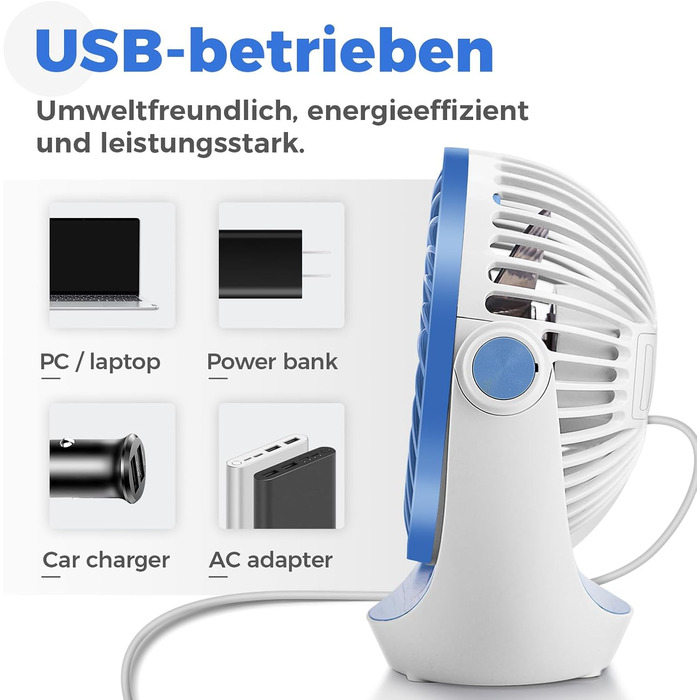 USB-вентилятор OCOOPA: компактний настільний вентилятор з 3 швидкостями, поворотним корпусом 360° та низьким рівнем шуму для офісу та дому