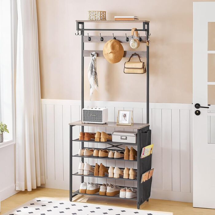 HOOBRO Coat Rack with Shoe Storage, Shoe Shelf with Coat Rack, Clothes Rack with 5-Tier Shoe Storage, Coat Rack with Shoe Cabinet, Adjustable Metal Grid Shelf, Greige EBG75MT01