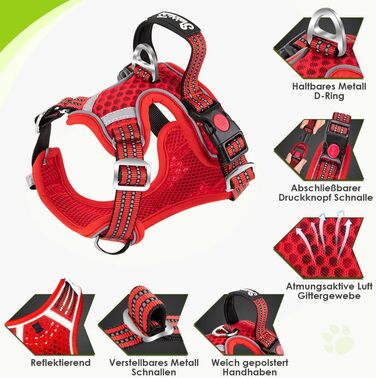 Шлейка для собак маленьких та середніх порід, Air Mesh дихаюча, з м'якою ручкою та замикаючими карабінами, вибухостійка, світловідбиваюча, червона, XS