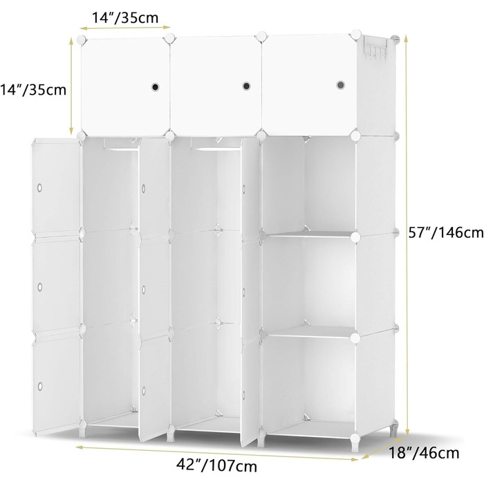 HOMIDEC Wardrobe, Portable Storage System, 20 Cube Closet made of Plastic with 2 Clothes Racks, Bedroom Wardrobe Closet White for Bedroom, 180 x 142 x 45cm (12 cube, All White)