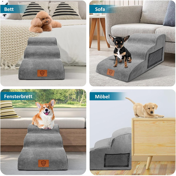 Phone Dog Stairs for Small Dogs, Dog Stairs, Non-Slip Dog Stairs 5 Steps, Washable Dog Ramp Bed, Pet Stairs made of High-Density Sponge, for Injured & Older Dogs, Cats (Pet Stairs 3 Steps, gray)