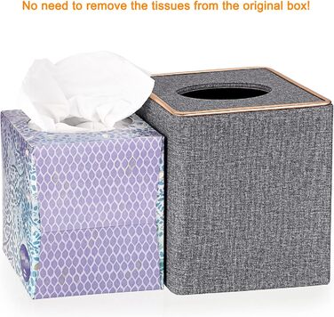 BTSKY Square Tissue Box Cover in Linen with Decorative Gold Line – Cube-Shaped Tissue Paper Holder, Tissue Storage, Organizer, Tissue Box Dispenser, Serviette Box, Gray