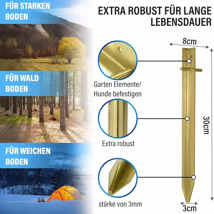 Turinto® 8X Sturdy Tent Stakes for Safe Camping and Outdoor Experiences - Test2023 [VERY GOOD] - made from extra strong and robust steel with a T-profile for maximum stability, length 30 cm.
