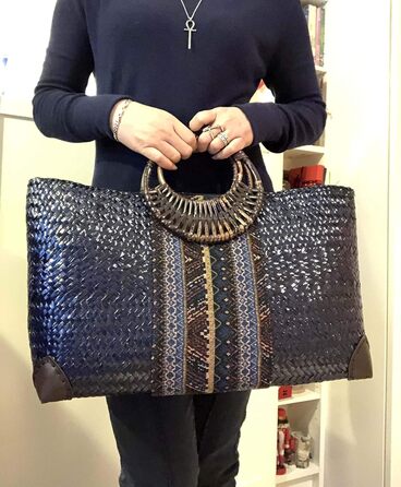 Rotfuchs Women's Bag Handbag Straw Bag Shopping Bag Beach Bag Handmade from Rattan Marine 50 cm