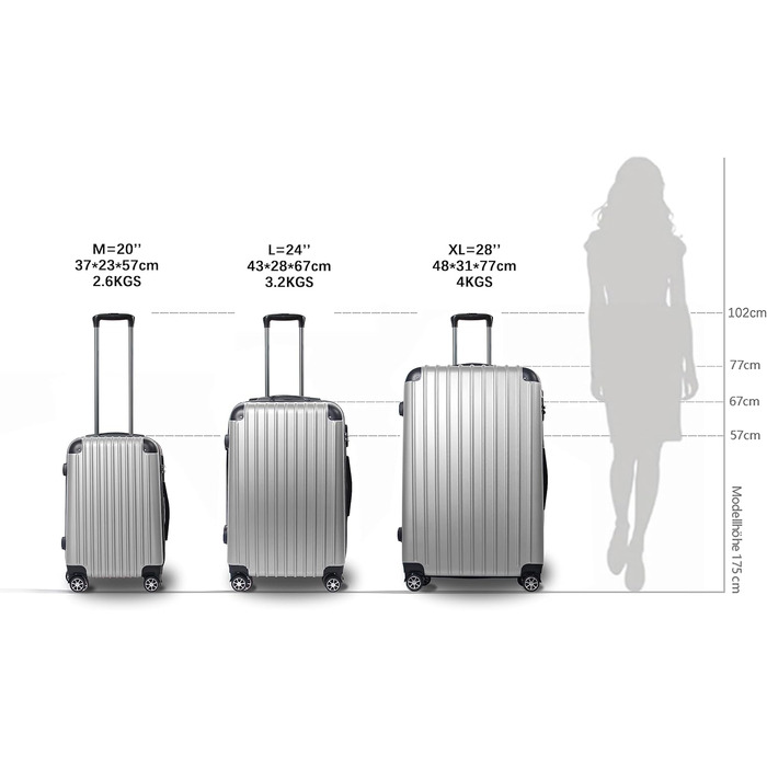 Hippo Carry-on Luggage Suitcase Travel Suitcase with Wheels Trolley Carry-on Trolley Rolling Suitcase Security Lock Airline-compatible Carry-on 4 Wheels ( :37 * 23 * 57c) (Set, Silver)
