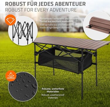 Стіл для кемпінгу Hauki, розкладний, коричневий, 118 x 55 x 64,5 см, алюмінієвий, з мотузковою поверхнею, для відпочинку, саду, балкону, подорожей, ринку, з сумкою, колір: коричневий (темне дерево)