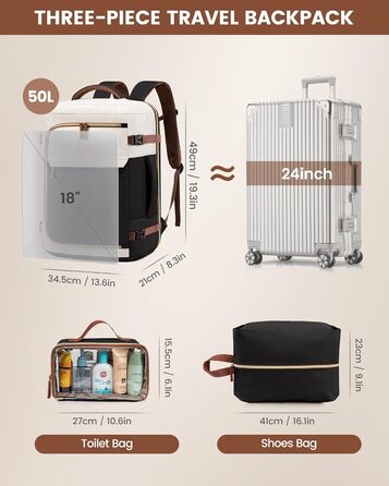 Рюкзак LOVEVOOK для ручної поклажі літака, жіночий, 50L, для подорожей, бізнесу, школи, чорний+бежевий+коричневий