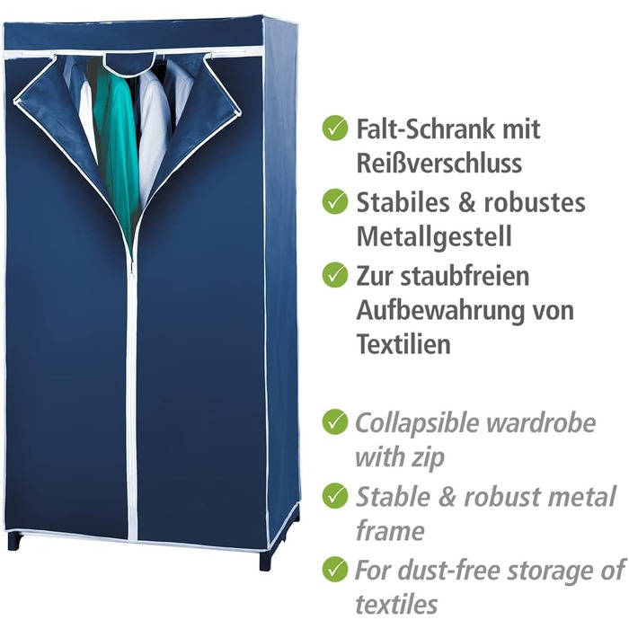 WENKO Wardrobe Air, practical fabric wardrobe for dust-free storage of textiles, stable metal frame, easy assembly, breathable non-woven material, 75 x 150 x 50 cm, Navy