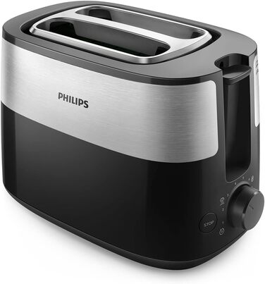 Philips Toaster – 2 Toast Slots, 8 Levels, Bun Tray, Defrost Function, Automatic Shut-off, Black/Silver (HD2516/90) Single