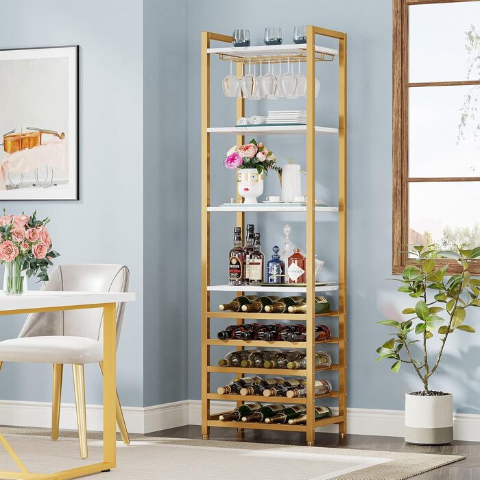 Tribesigns 20 Bottle Wine Baker's Rack, Freestanding Floor Wine Rack, 9 Tiers, Industrial Freestanding Wine Rack Wine Bar with Glass Holder Bottle Shelf for Bar, Kitchen, Dining Room, (Gold, 1 PC)
