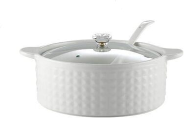Soup tureen with lid and ladle set, 2L ceramic serving bowl with glass lid, serving dishes with double handles, porcelain, white, microwave and dishwasher safe
