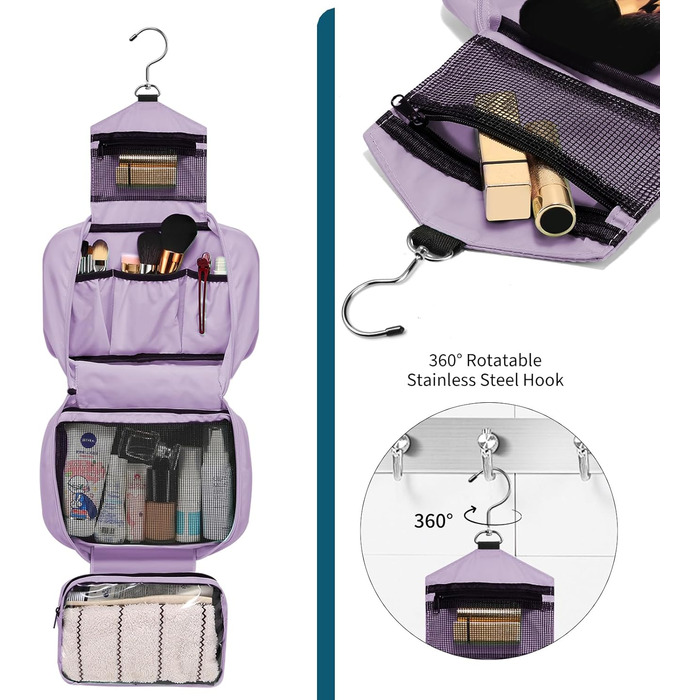 Подорожня туалетна косметичка для чоловіків та жінок з 4 відділеннями, велика місткість, компактна, фіолетова