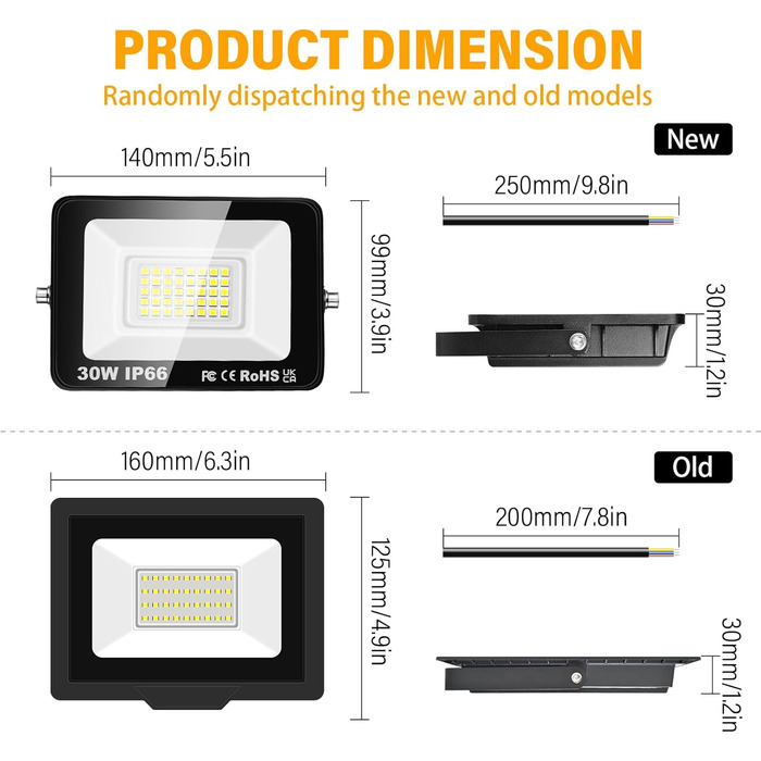 RIGIDON 2x 75W LED Floodlights Outdoor, 7500LM Outdoor Floodlight, 6000K Cool White IP66 Waterproof LED Floodlight Spotlight Floodlight, Outdoor Light for Garden, Courtyards, Garage, Hotel, Sports Field, Workshop (2 x 30W)