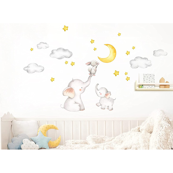 Little Deco Wall Sticker Baby Room Elephant and Rabbit with Moon and Stars I 163 x 95 cm (W x H) I Kids Pictures Decoration Children's Room Sticker Girl Sticker Boy Sticker DL463