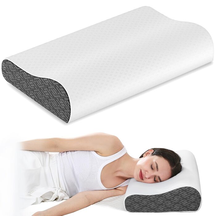 Ергономічна подушка з ефектом пам'яті (Memory Foam) для підтримки шиї та голови, для сну на боці, спині та животі, з дихаючим чохлом, темно-сіра (Charcoal), 61 x 35 x (9/12) см