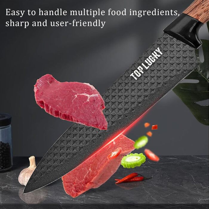 Набір кухонних ножів, 6 предметів, чорний, гострий, з антипригарним покриттям, нержавіюча сталь, з підставкою для ножів (чорний)