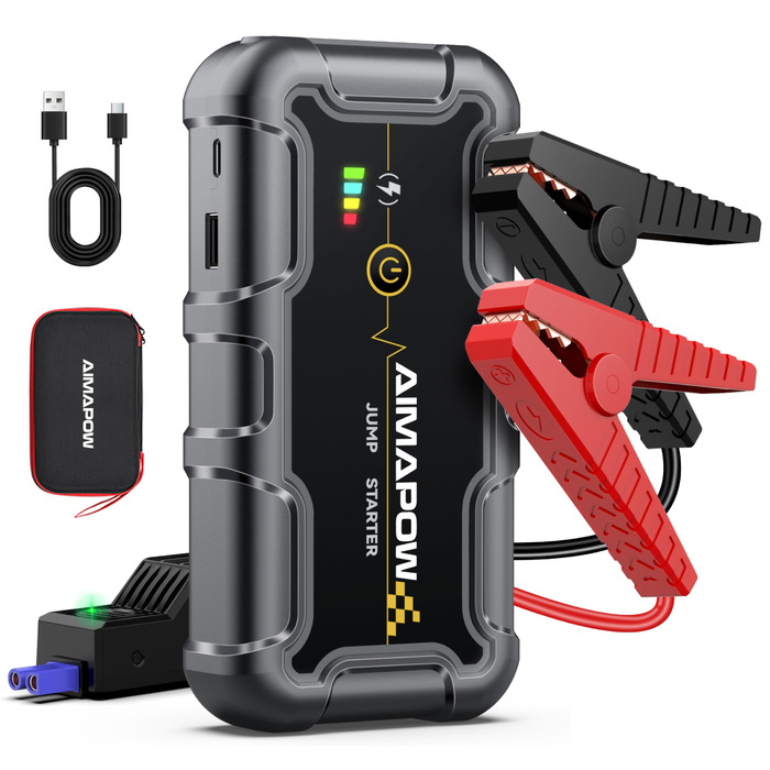 Powerbank для запуску двигуна AIMAPOW Starthilfe 6000A 12V - для бензинових авто, дизельних (10.0L) з LED-ліхтариком та великим екраном, бустер для акумулятора SUV, мотоцикла, газонокосарки