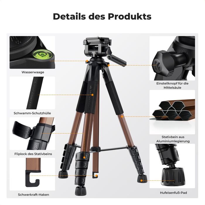 Штатив K&F Concept S255A3+BV01: Легкий штатив з сумкою, для камери/DSLR/відеокамери, з підтримкою смартфонів та планшетів (190см, 2-в-1)