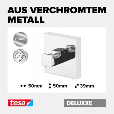 tesa DELUXXE Towel Hook, Chrome - Bathroom Hook for Wall Mounting without Drilling, including Adhesive Solution - 50mm x 50mm x 39mm