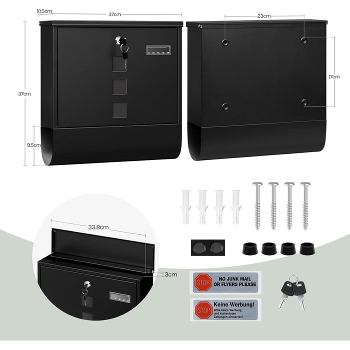 Поштовий ящик WOLTU з газетницею та вікном, персоналізований, замиканий, з 2 ключами, сучасний, 37x37x10.5 см, чорний