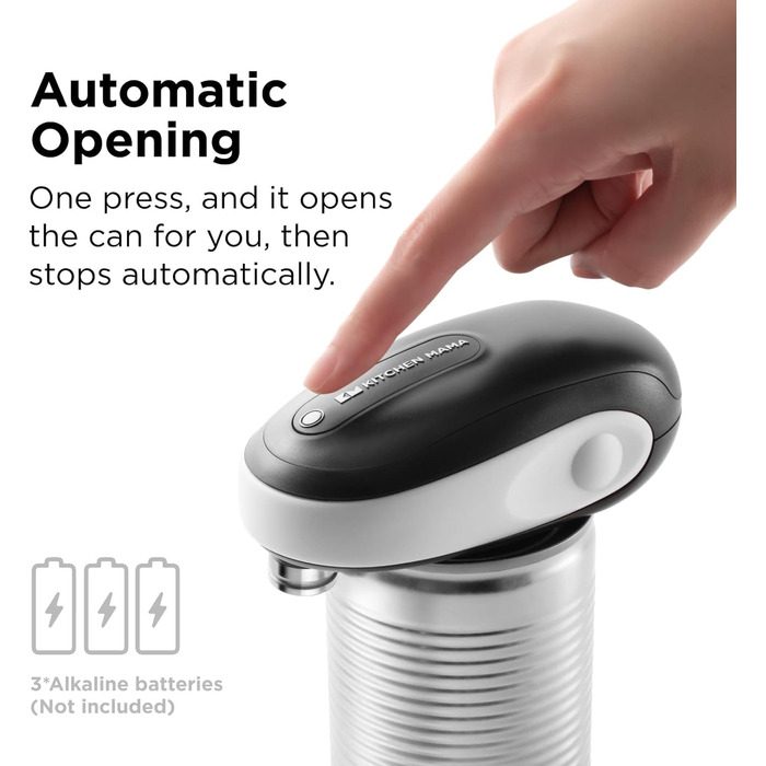Електричний відкривач для консерв Kitchen Mama One-To-Go, автоматичний, безпечний, без гострих країв, з видаленням кришки, на батарейках, білий