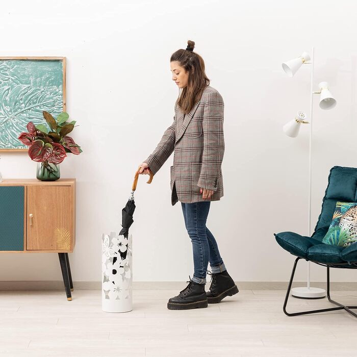 Підставка для парасольки Baroni Home - сучасний дизайн, металева, з квітами, 2 гачки, знімний контейнер, білий (19 x 19 x 49 см)