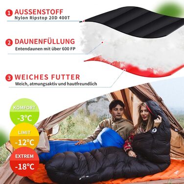 Спальний мішок пуховий, 4-сезонний, зимовий -3°C до -20°C. Підходить для кемпінгу, піших прогулянок та відпочинку на природі для дорослих та дітей. Чорний, температурний режим -3°C до -12°C