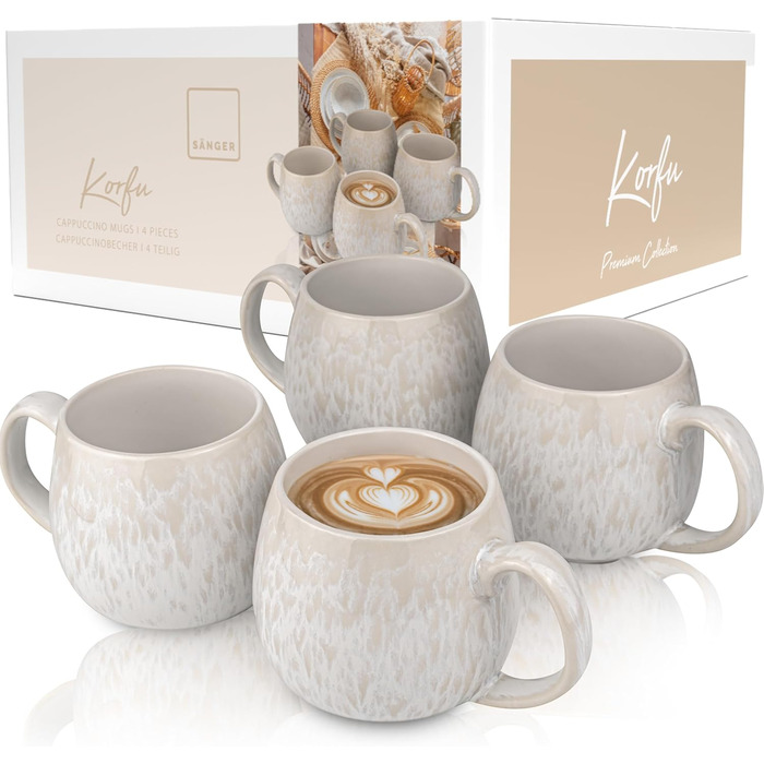 SÄNGER | Korfu Mug Set, 4-Piece, 4-Person Coffee Cups, Handmade Stoneware Mug, Dishwasher-Safe Tea Cup Set, Cream-Colored Coffee Cup Set with Sandy Texture, 300 ml | PREMIUM COLLECTION