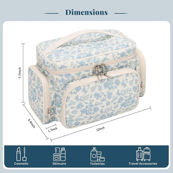 Косметичка велика для подорожей, жіноча косметичка з відділенням для пензлів, органайзер для макіяжу (синя квітка)