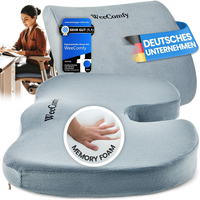 WeeComfy® Комплект подушок для сидіння та спини - ортопедичний набір - сприяє правильній поставі та кровообігу при тривалому сидінні - до 100 кг (Сірий)