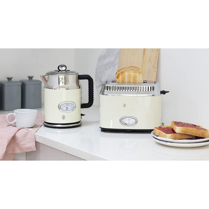 Russell Hobbs Toaster [for 2 slices] Retro Stainless Steel Cream (Retro-style countdown display, includes bun warmer, 6 browning levels + defrost & reheat function, 1300W) Vintage 21682-56