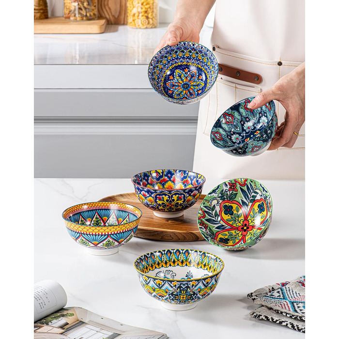 Набір керамічних мисок HENXFEN для мюслі, супу, салату та пасти (6 шт.) - богемний стиль