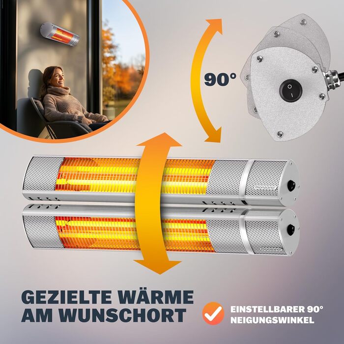 Інфрачервовий обігрівач MONZANA® MZH2000 Goldröhre 2000W з пультом керування, 3 режими, кут нахилу 90°, для тераси та вулиці
