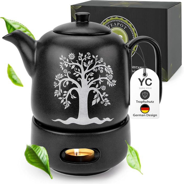 Чайник YC Tree з підставкою - керамічний, чорний матовий, 1.3л. З ситечком, без протікань, термостійкий. Ручна робота. Чайник з підставкою YC Tree, 1.3л