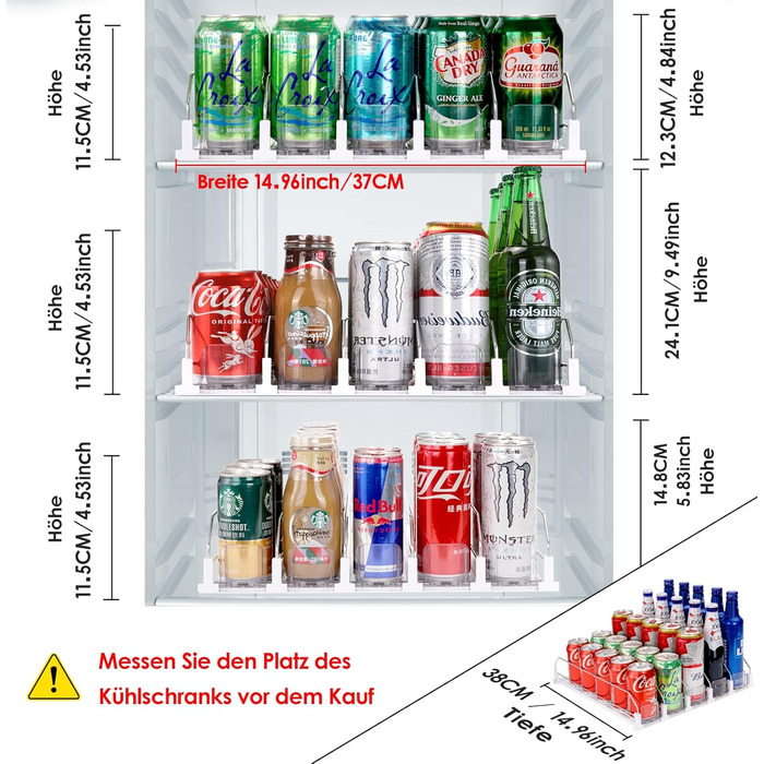 Self-pushing canned beverage organizer for refrigerator, refrigerator drink dispenser, automatic spring-loaded can dispenser, 5-row dispenser, assembled, holds 25 cans