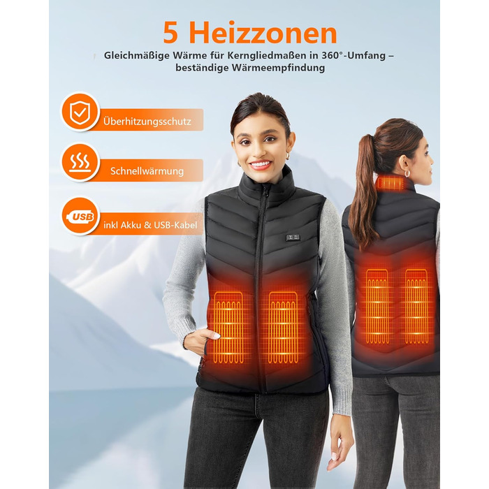 Гріюча жилетка для чоловіків та жінок з акумулятором 10000mAh, 5 зон обігріву, 3 режими температури, подвійне керування, для зимових активностей (L, Світло-чорний)
