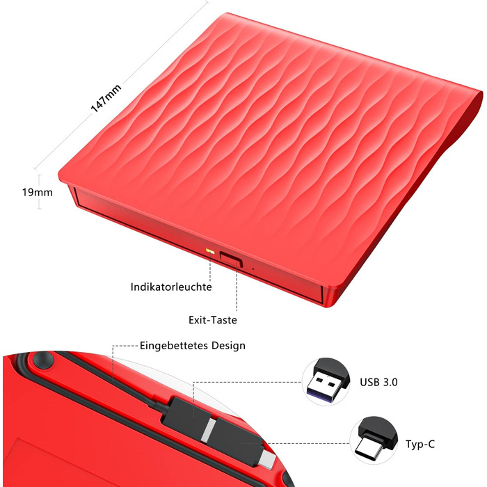 Зовнішній DVD CD привід USB 3.0 та Type-C, записувач CD/DVD +/-RW для ноутбука та ПК, сумісний з Windows, MacOS, Linux (червоний)