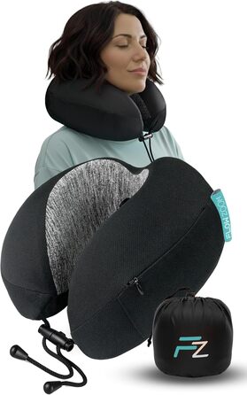 Подушка для шиї FlowZoom Dream Classic з регульованою підтримкою та знімним шнуром - подушка для подорожей у літак з піною Memory Foam - з чохлом та подарунковою упаковкою - Чорний
