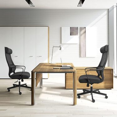 Ергономічне крісло для офісу з регульованою підголівником, крісло для робочого столу з широким сидінням, підтримкою попереку, офісне крісло 200 кг, сітчасте крісло, крісло для дому та офісу, комп'ютерне крісло EN 1335 (Чорний)