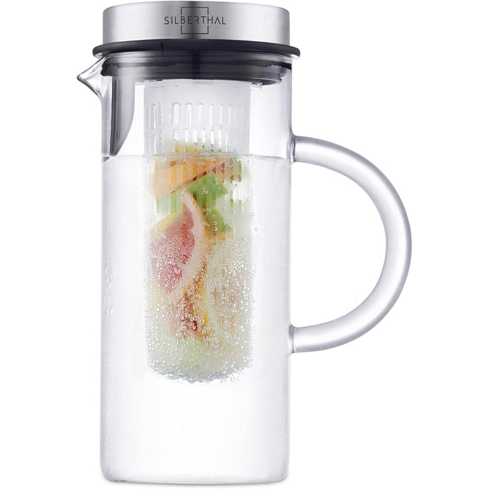 SILBERTHAL Glass Carafe with Lid - 1 Liter Carafe with Fruit Strainer - Dishwasher Safe & Heat Resistant