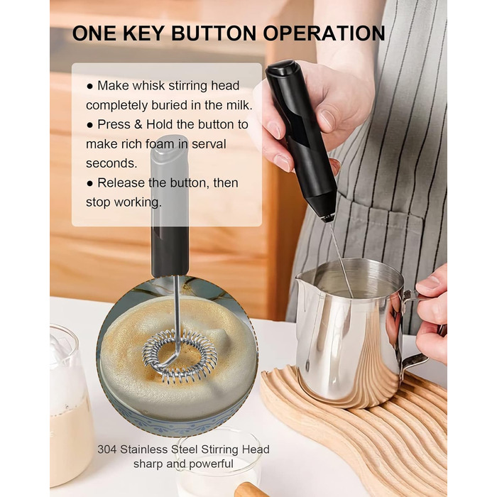 COKUNST Ручний пінозмішувач для молока: електричний міні-змішувач для матча, кави, гарячого шоколаду та фраппе - чорний (без підставки)