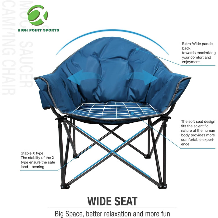 Крісло кемпінгове розкладне High Point Sports Moonchair XXL (до 150 кг) синій - з підсклянником для кемпінгу, саду, відпочинку