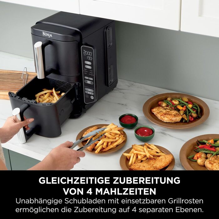 Ninja Double Stack Air Fryer, 7.6L Air Fryer, Double Basket Air Fryer with 4 Cooking Levels, 2 Drawers, 2 Racks, Space-Saving Design, 6 Cooking Functions, 6 Portions, Grey SL300EU Stacked Double Drawer 7.6L Grey
