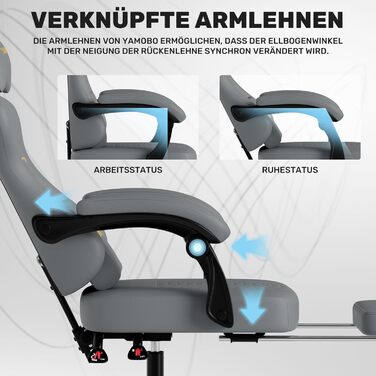 Геймерське крісло Ergonomisch з підлокітниками, підставкою для ніг, подушкою для попереку та голови, регульованою висотою, оббивка PU, сірий колір P-grey