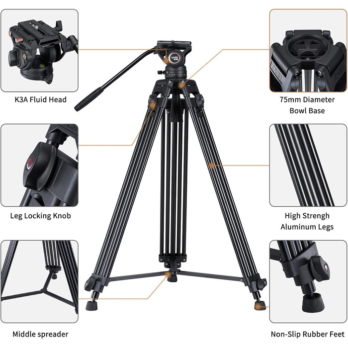 Штатив відео Cayer BV30L 72 дюйми - професійний штатив з алюмінію, рідинний упор K3, середній розвід, 6 кг, для DSLR/відеокамер + бонус Quick Release Plate