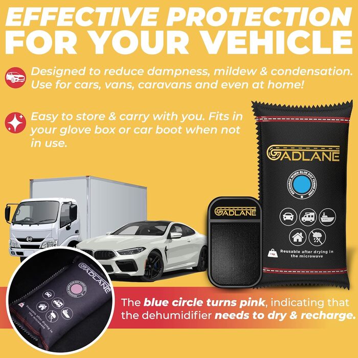 GADLANE Auto Dehumidifier 1kg 2 Pack - XL Large Reusable Moisture Absorber for Car with Anti-Slip Mat - Car Dehumidifier Removes Condensation for Windshield, Home