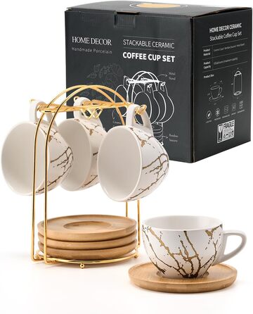 Набір керамічних чашок капучино HOME DECOR 4 шт., 220 мл, з металевим підставкою. Підходить для капучино, лате, американо та чаю. Чорний та білий дизайн.