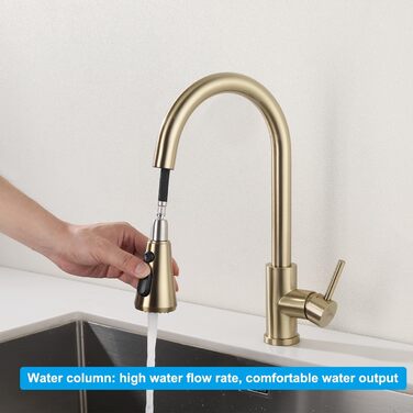 Кухонний змішувач з висувною лійкою, 3 режими струменя, поворотний на 360°, високого тиску, для кухні, матовий золотий