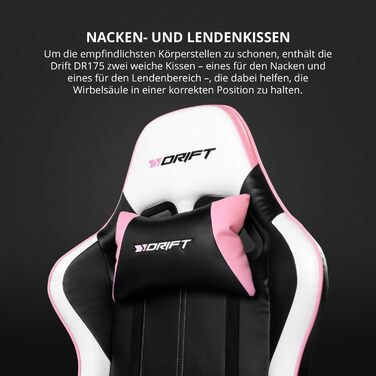 Геймерське крісло DRIFT DR175PINK: професійне, чорно-рожеве, зі штучної шкіри, з регульованими підлокітниками 2D та газліфтом класу 4