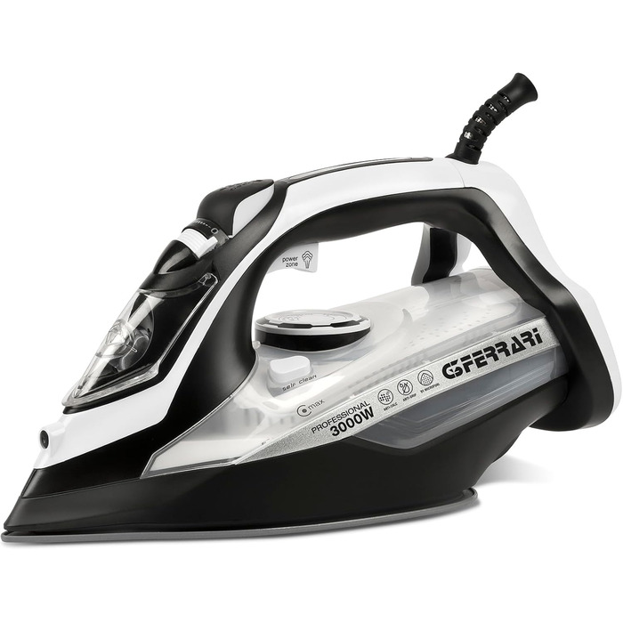 Праска відпарювач Ferrari Ermes G40021: 2500 Вт, керамічна підошва, 340 cc, 150 г/хв, самоочищення, захист від накипу та протікання, 51 мікроотвір, білий/чорний/сірий